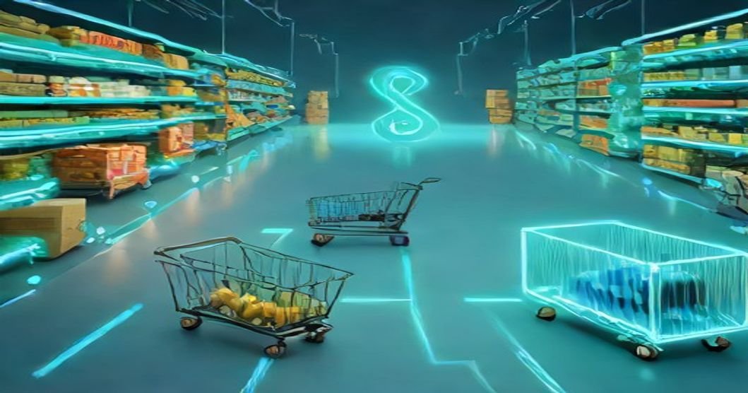 Representação digital de fluxos de dados corporativos conectando setores de varejo, logística e saúde