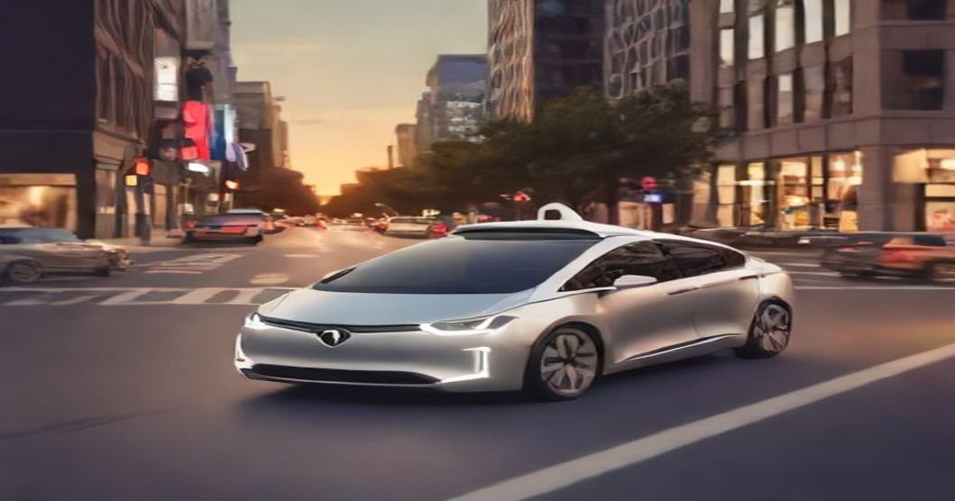 Carro autônomo moderno dirigindo suavemente em uma avenida urbana iluminada