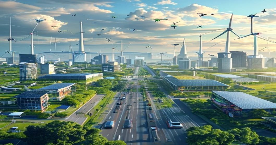 Ilustração de painéis solares, turbinas eólicas e sensores agrícolas integrados em um cenário urbano sustentável