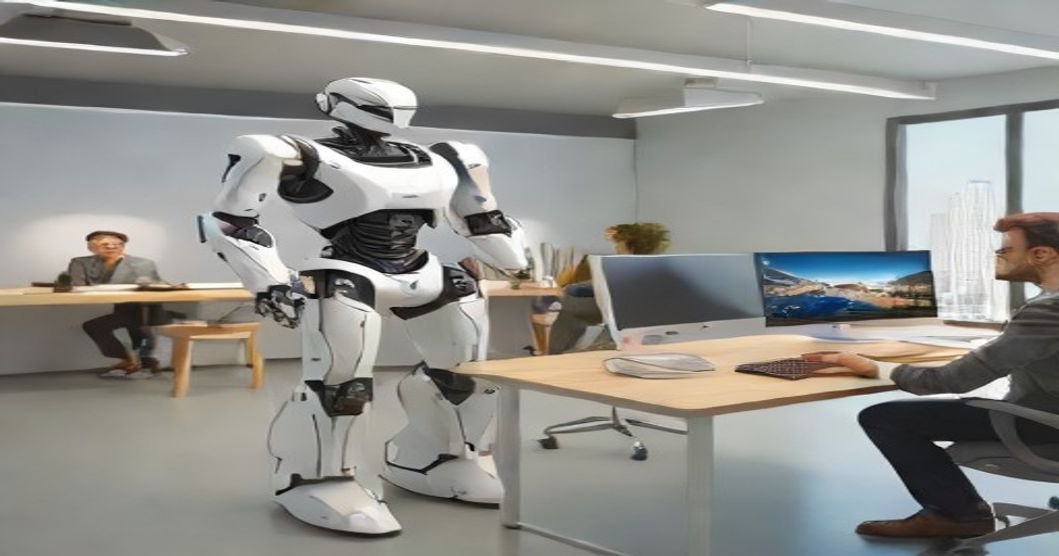 Robô industrial e humano colaborando em ambiente de trabalho moderno e tecnológico